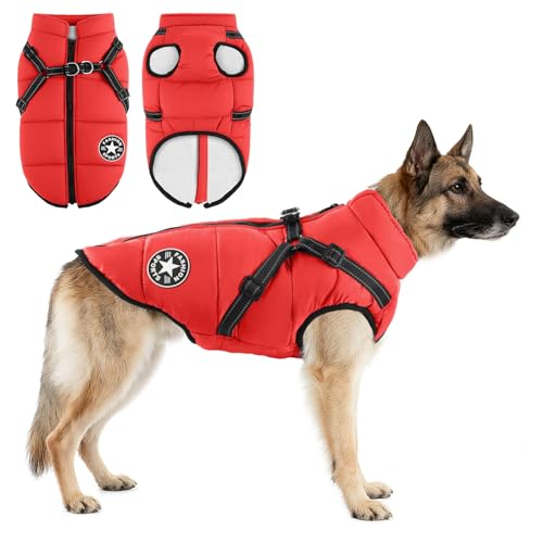 Hebitod Hundejacke mit Geschirr, Hundemantel Wasserdicht, Wasserdichter Hundemantel, Welpen Winter Warme Jacke, Winddichte Haustierkleidung, Reflektierende Hundemänte, Rot 4XL von Hebitod