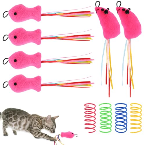 Heclia 10 Katzenspielzeug, 4 Fische, 4 x Spiralfedern und 2 x Mäuse, Katzenminze-Spielzeug, mit Plüsch gefüllt, Premium-Katzenstab-Spielzeug zum Üben mit Bändern, interaktives Katzenminze-Spielzeug von Heclia