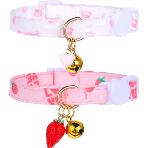 Heclia Breakaway Katzenhalsbänder, Baumwolle, Rosa, mit Glocke und Erdbeer-Herz-Anhänger, verstellbar, rosa gestreift, mit Sicherheitsschnalle, niedliches Katzenhalsband für Mädchen, Jungen, Kätzchen von Heclia