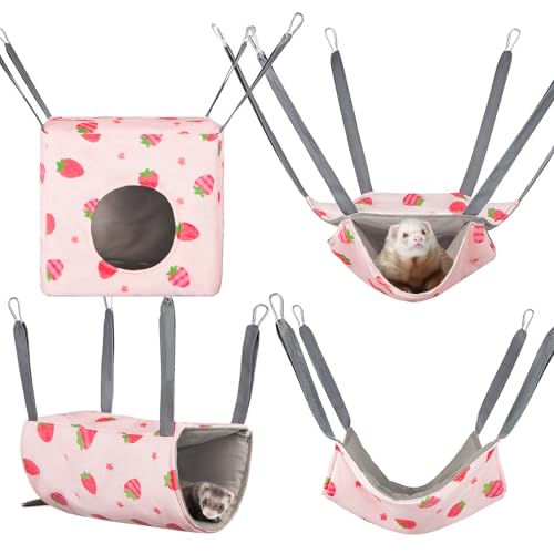 Hedgeink Frettchen Hängematten 4er Set – Waschbare Kuschelhöhle & Hängematte für Ratten, Meerschweinchen, Chinchilla – Kleintier Zubehör für Käfig, Nest, Tunnel & Schlafplatz von Hedgeink