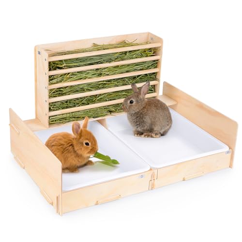 Hedgeink Kaninchentoilette aus Holz mit 2 in 1 Kaninchen Heu Futterstation Meerschweinchen Katzentoilette Heu Futterstation mit 2 Becken Große Hasentoilette für Kaninchen, Meerschweinchen, Hase von Hedgeink