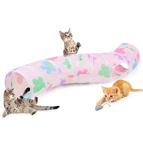 Hedgeink Katzentunnel S-Form Peekaboo Katzenhöhle mit Spielzeug Tunnel für Indoor-Katzen Faltbare Kaninchen-Spielröhren für Meerschweinchen, Frettchen, Hamsterwelpe, Hase, Kätzchen, Aprikosenblumen von Hedgeink