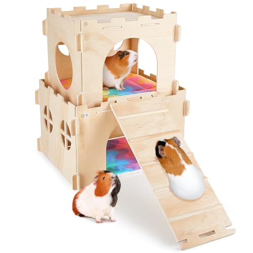 Hedgeink Meerschweinchen Versteck, 5-teiliges Holz Hamster Versteck Set, Großes 2-teiliges Kaninchenhaus mit Treppen, Weiches Kaninchen Versteck mit 2 Polstern Hedgeink Meerschweinchen Versteck, 5-teiliges Holz Hamster Versteck Set, Großes 2-teiliges Kaninchenhaus mit Treppen, Weiches Kaninchen Versteck mit 2 Polstern von Hedgeink
