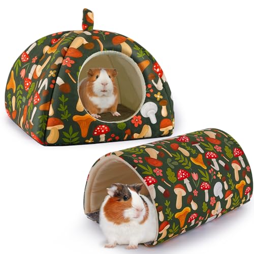 Hedgeink Meerschweinchenhaus mit Kaninchenversteck 2er-Pack Meerschweinchen-Spielzeug-Set Kaninchenbett und Meerschweinchentunnel, Meerschweinchen-Zubehör für Hamster, Frettchen und Hasen, dunkelgrüne von Hedgeink