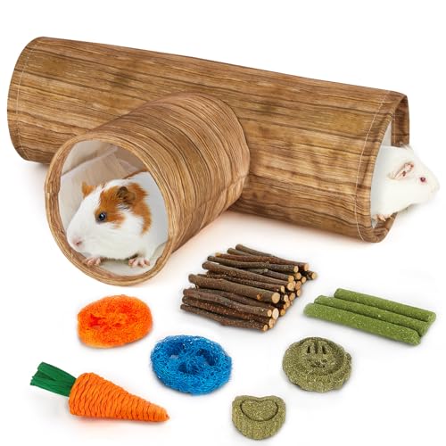 Hedgeink Meerschweinchentunnel, zusammenklappbar, 3-Wege-Meerschweinchenversteck waschbar, Kaninchentunnel mit Kauspielzeug, Kaninchenspielzeug für Meerschweinchen, Käfigzubehör von Hedgeink