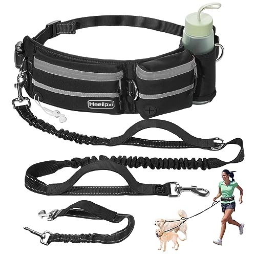 Heellpxi Freihändige Taillenleine mit Tasche für zwei Hunde: reflektierende Nähte, Doppelgriff & Bungee-einziehbares Design – ideal für mittelgroße bis große Hunde (grau) – Hunde-Zubehör von Heellpxi