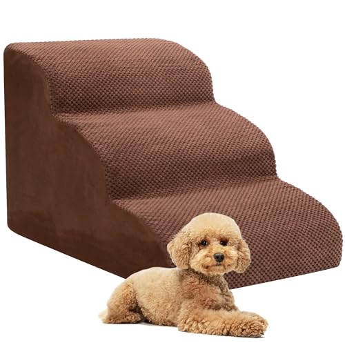 Hundetreppe für kleine Hunde, 3 Ebenen High Density Foam Dog Rampe, Extra Breite Anti-Rutsch Pet Stufen für Hochbetten oder Couch, ältere Haustiere, kleine Katzen von Heeyoo