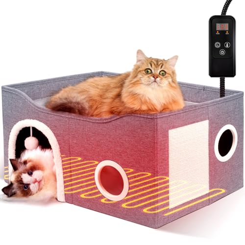 Katzenhaus mit Innenheizung, Heizbett für Katzen mit einstellbarer Temperatur mit Timer und beißfestem Kabel, großes Katzenhaus mit Kissen von Heeyoo