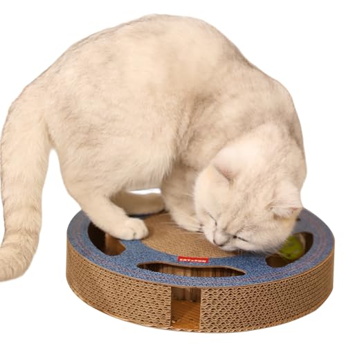 Heikoeco® Kratzbrett Katze mit 2 Klingelballs, 3 in 1 Kratzpappe für Katzen Rund, Katzenspielzeug Selbstbeschäftigung aus Langlebiger Wellpappe (Blau, Rund) von Heikoeco