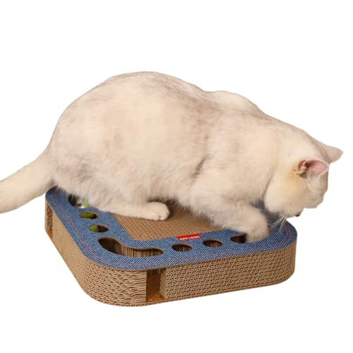 Heikoeco® Kratzbrett Katze mit Minze 2 Klingelballs, 3 in 1 Kratzpappe für Katzen Rund, Katzenspielzeug Selbstbeschäftigung aus Langlebiger Wellpappe (Blau, Quadratisch) von Heikoeco