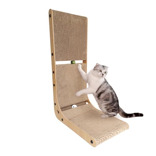 Heikoeco® Kratzbrett Katzen, kratzpappe 60 cm hohe L förmige Kratzpappe für Katzen 60 * 39 * 26cm,widerstandsfähig Katzenkratzbrett mit Ballspielzeug (Holzmaserung Katzenminze) von Heikoeco