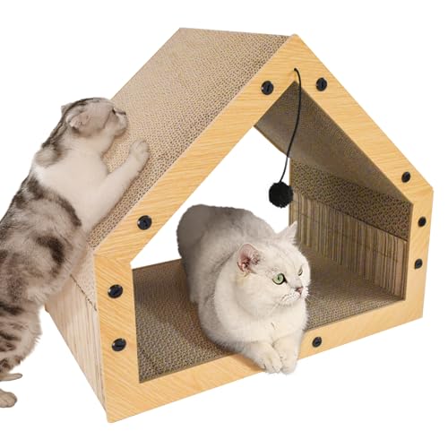 Heikoeco® Kratzpappe für Katzen Groß XXL mit Ball, Hausform Kratzbretter Katze, Betten, Kratzspielzeug & Kratzmöbel aus Hochwertiger Wellpapier, 40x30x40cm von Heikoeco