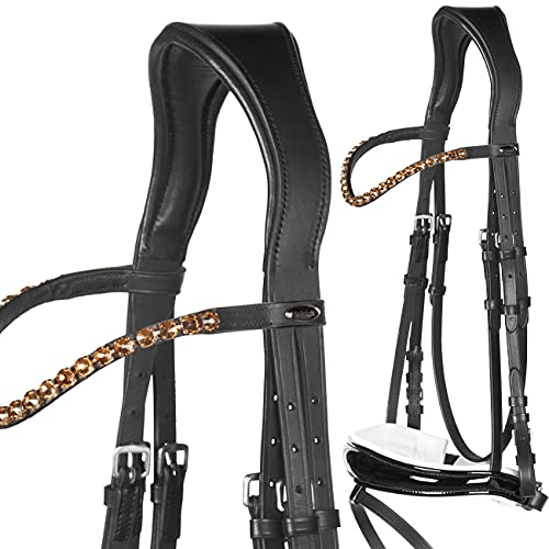 Heinick-Reitsport Trense anatomisch Competition Schwarz Weiß Lack ~ Glow-Gold ~ Warmblut von Heinick-Reitsport