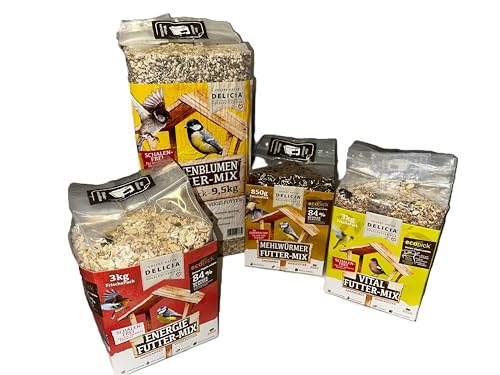 Delicia Futter-Mix Probierset Vogelfutter - 3kg Energie + 3kg Vital + 850g Mehlwürmer + 6kg Sonnenblumen (Sonnenblumen Futter-Mix 9,5kg) von Heinrichs Agrar