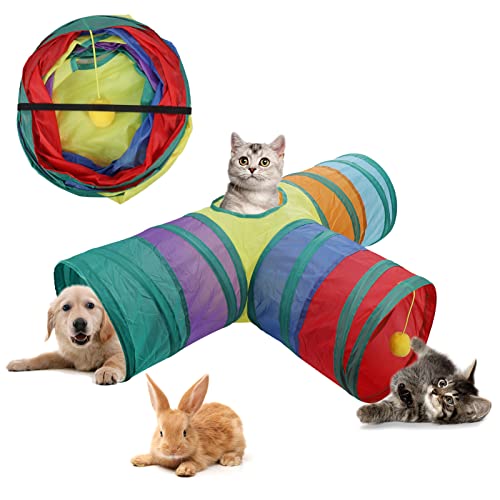 Hejo 3-Wege Katzentunnel, Süßer Hasentunnel mit hängenden Ball, Katzenspielzeug Zusammenklappbarer Kleintier Spieltunnel für Kaninchen, Meerschweinchen, Kätzchen und andere Kleintiere(Bunt) von Hejo