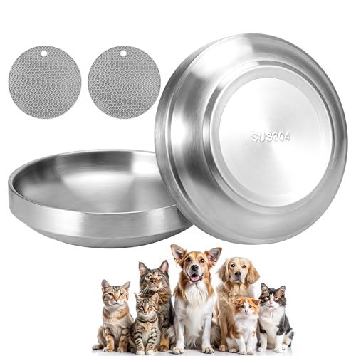 Hejo 2 Stück Katzennapf Flach Edelstahl,15CM Metall Katzen Teller mit 2 grauen Silikonpolstern, Futternapf Katze Flach gegen Schnurrhaarmüdigkeit,Sturzsicher Katzennapf für Katzen und Welpen von Hejo