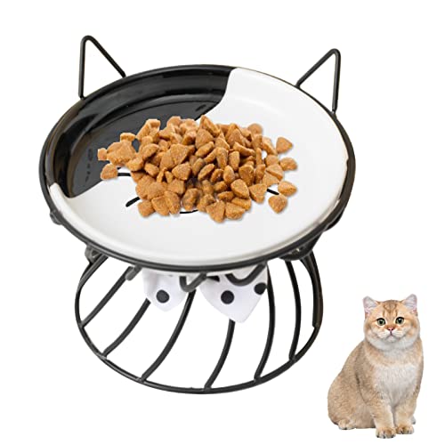 Katzennapf Erhöht Futternapf Katze Keramik, Katzennäpfe Mit Rutschfestem Metallständer, Katzenschüssel Anti Erbrechen, Flache Und Breite Katzenfutter Napf, Leichte Reinigung Katzen Napfset (Schwarz) von Hekasvm