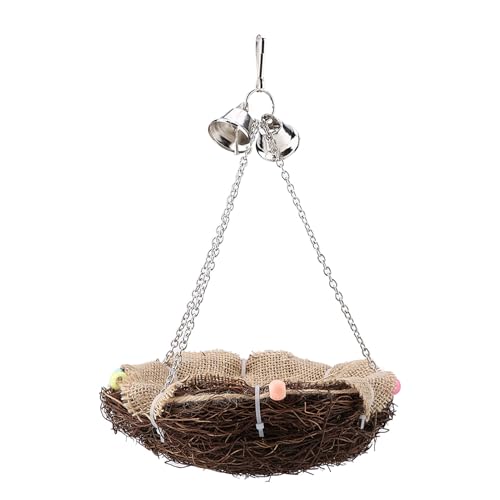 Helhom Rattan Birds Nest Toy Hanging Swing, mit DREI Kettenglocken für Haustiervögel Käfigzubehör, Anti -Beiß -Gras -Rattan -Material 20 cm von Helhom