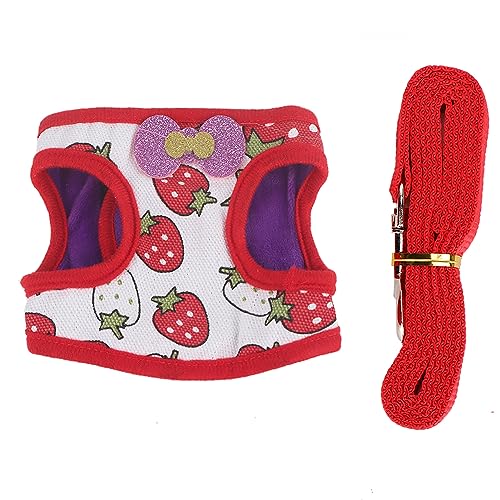 Kleines Haustier -Leinenkabelbaum Set, bequemer atmungsaktives Mesh -Brustgurt, Wandertraktionsweste für Kaninchen Hamster einstellbares Hakenschleifendesign, Erdbeermuster (L) von Helhom
