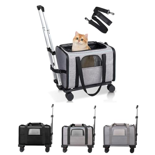 Pet Trolley Bag Abnehmbarer Rollträger, kleine Hunde Katzen tragbare Haustier -Reiseträgerin, Teleskopgriff und Schultergurt Premium Oxford Stoff, Aluminiumlegierung 46x29x29cm (Grau mit blauen von Helhom