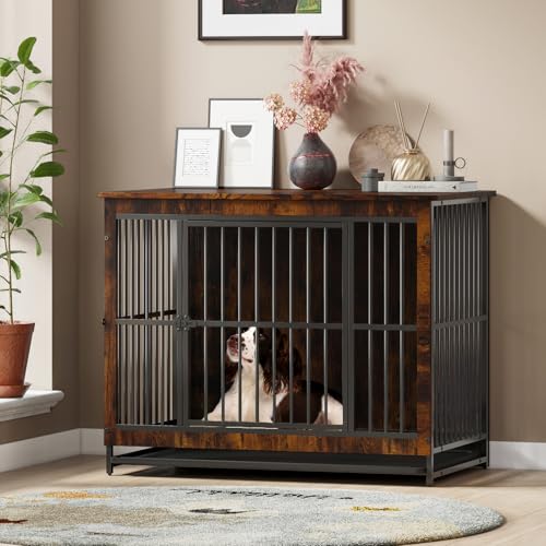 Hello-5ive Große Hundekäfig-Möbel, Hundekäfig aus Holz mit Doppeltüren, robuste Hundehütte für den Innenbereich, mit abnehmbarem Tablett für kleine, mittelgroße und große Hunde, Beistelltisch, 97,5 x von Hello-5ive