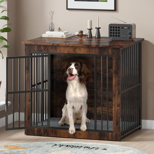 Hello-5ive Große Hundekäfig Möbel, Hundekäfig aus Holz mit Doppeltüren, robuste Hundehütte für den Innenbereich mit Plüschmatte für kleine mittelgroße Hunde, Beistelltisch, 80,5 x 59 x 71,5 cm, von Hello-5ive