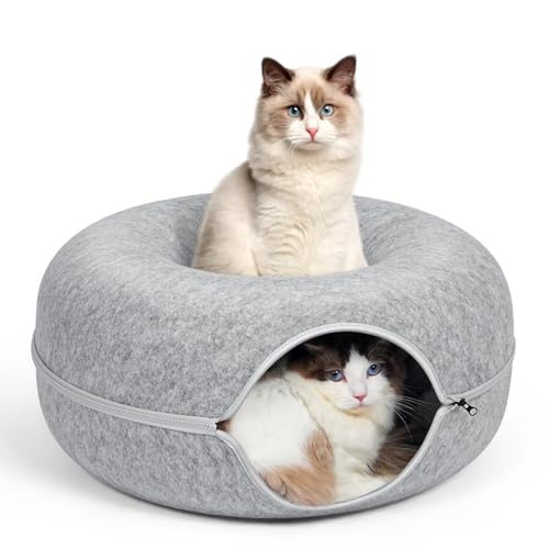 Hello Dry Peekaboo Katzenhöhle für große Katzen bis zu 13,6 kg, Katzentunnelbett, Kratz-abnehmbares & waschbares Tunnel-Katzenbett (Hellgrau) von Hello Dry
