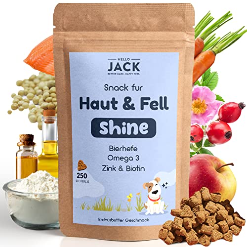 Hello Jack Shine Natürliche Bierhefe Hund - bis zu 4 Monate Vorrat - Haut & Fell Nahrungsergänzungsmittel gegen Juckreiz Hund - Leckerli mit Biotin, Omega 3 & 6, Vitamin und Zink für Hunde von Hello Jack