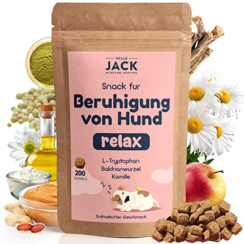 Hello Jack Relax Natürliches Beruhigungsmittel für Hunde - Bis zu 6 Monate Vorrat - Anti Stress mit Baldrian, Kamille, Trytophan, Seegras für den Hund - Natürliche Zutaten von Hello Jack