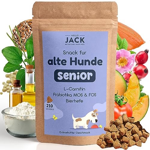 Hello Jack Senior Natürliches Hund Nahrungsergänzungsmittel - bis zu 7 Monate Vorrat - Vitamine für Energie, Gelenke und Verdauung für alte Hunde mit L-Carnitin, Präbiotika & Bierhefe von Hello Jack