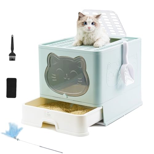 HelloMiao Vollständig Geschlossene Katzentoilette mit Deckel Geruchsneutralisierendes Katzenklo in Groß, Cat Litter Box Schubladensystem & Klappbar mit Praktischer Katzenstreuschaufel von HelloMiao