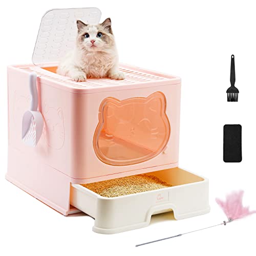 HelloMiao Vollständig Geschlossene Katzentoilette mit Deckel Schubladentyp Desodorierende Cat Litter Box Gross Faltbare Katzen klo mit Haustier-Kunststoffschaufel Geeignet (Hell-Pink) von HelloMiao