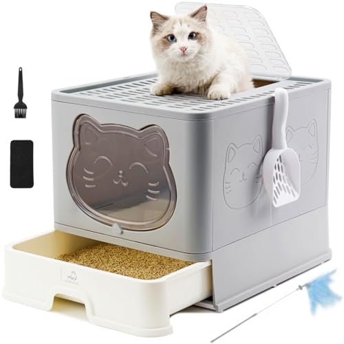 HelloMiao Vollständig Geschlossene Katzentoilette mit Deckel Geruchsneutralisierendes Katzenklo in Groß, Cat Litter Box Schubladensystem & Klappbar mit Praktischer Katzenstreuschaufel von HelloMiao