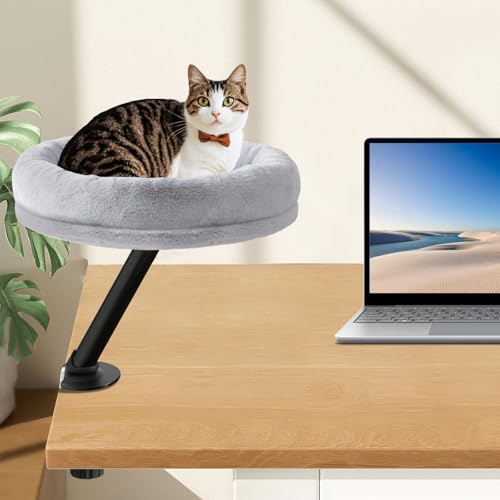HelpCat Katzen-Schreibtischbett – platzsparende Katzenhängematte mit 360° Drehung, weiches und gemütliches Katzennest für Heimbüro & Remote-Arbeit, maschinenwaschbar (Grau) von HelpCat