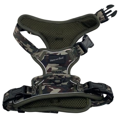 Hem and Boo Hundegeschirr, Sportgeschirr, kein Ziehen, reflektierende Nähte, Outdoor-Abenteuer, große Hunde, perfekte Übereinstimmung, Welpengeschirr (Camo, L) von Hem and Boo