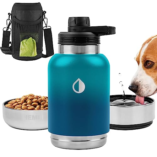 Hunde-Wasserflasche, isolierte Reise-Wasserflasche aus Edelstahl, Haustier-Wasserflaschenspender, tragbarer Futter- und Wassernapf für Hunde, mit Tragetasche zum Spazierengehen, Hunde-Reise-Set (Grün von Hemli