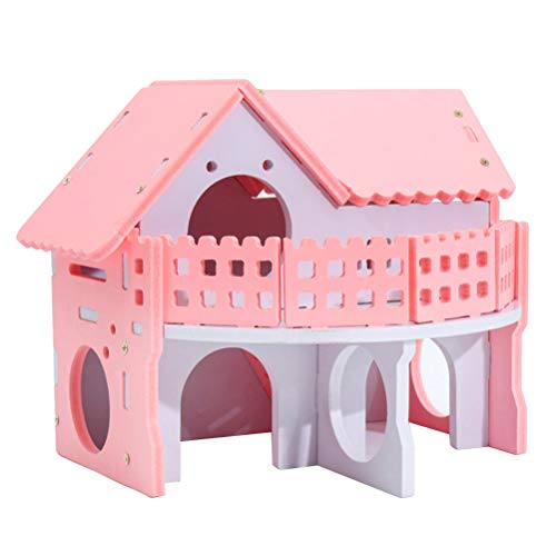Hemobllo Hamsternest Villa kleines Haus aus Holz bunte Simulation doppellagig Umwelt mit Balkon für kleine Haustiere (Pink) von Hemobllo