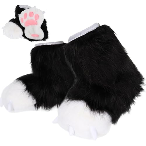 Fursuit Füße Pfoten Cosplay Tierkatze Wolf Hund Fuchs Fursuit Pfoten süße Simulation Pelzige Weiche Fuzzy Pantoffeln Realistische Klauenschuhe Kostümzubehör für Cosplay Party Ball, Halloween D von Hemore