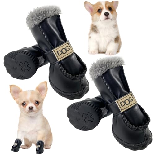 Hundeschneeschnee, 4pcs/Set Faux Leder Hund Winterstiefel mit Plüsch-Liner, weiche Nicht-Schlupf-Hundefutter, Winterthermie-Haustiefel für kleine und mittlere Hunde (4 cm/1,57 Zoll) von Hemore