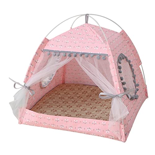 Katzenprinzessin Zelt, faltbares Blumenpulpenhaus mit atmungsaktivem Netzfenster und Türvorhang, tragbare Hundehaushöhle, Innenkätzchenbett für Katzen Kleiner Hund (rosa, m innerhalb von 5 von Hemore