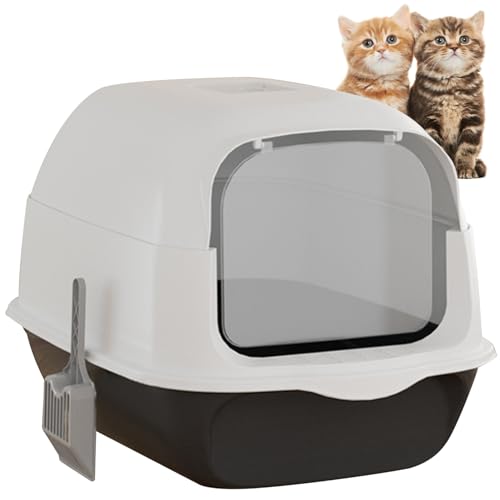 Katzenstreubox, 2 in 1 Großkapazität Katzenstreublätter mit Müllschaufel, mit Kapuze geschlossene Katzenstreuboxen, Nicht-Schicht-Katzenstreupfanne für Kätzchen (35x50x33 cm) von Hemore