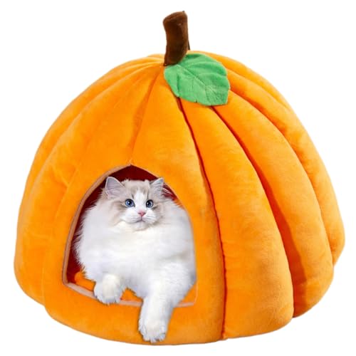 Kürbiskatze Höhlenbett, 45 x 45 x 40 cm Pumkin -geformtes geschlossenes thermisches Katzenhaus mit weichem Kissen, niedliche Katzenbetten für Innenkatzen Kätzchen (weniger als 4 kg) von Hemore