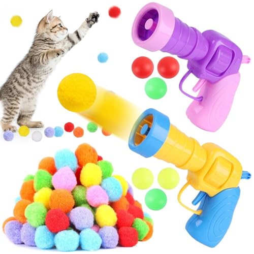 Hengrongshen Cat Toy, 100 Haarballen, 6 Tischtennisinteraktives Spielzeug für Katzen 2 Spielzeugpistolen, Stummschaltung für den Innenbereich Spielzeug Katze von Hengrongshen