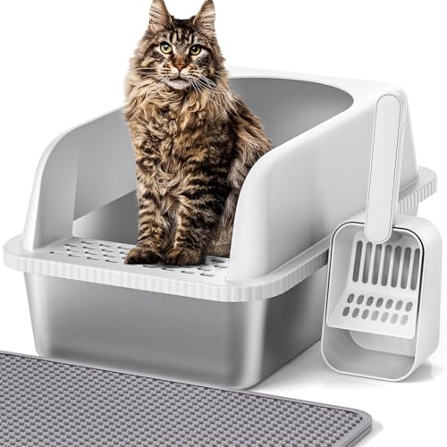 Henkelion Edelstahl-Katzentoilette mit Deckel, 50,8 cm L x 36,1 cm B x 30 cm H, extra große Katzentoilette für große Katzen mit hoher Seite, Anti-Urinleckage, einfache Reinigung, inklusive Katzenmatte von Henkelion