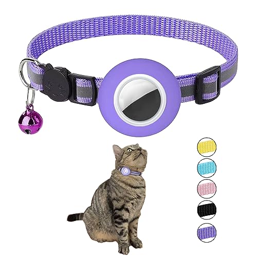 Hepplly Reflektierende Airtag Katzenhalsband mit Glocke und Airtag Halter, kompatibel mit Airtag, Katzenhalsband mit zerbrechlicher Sicherheitsschnalle für Kätzchen, Katze（Lila） von Hepplly