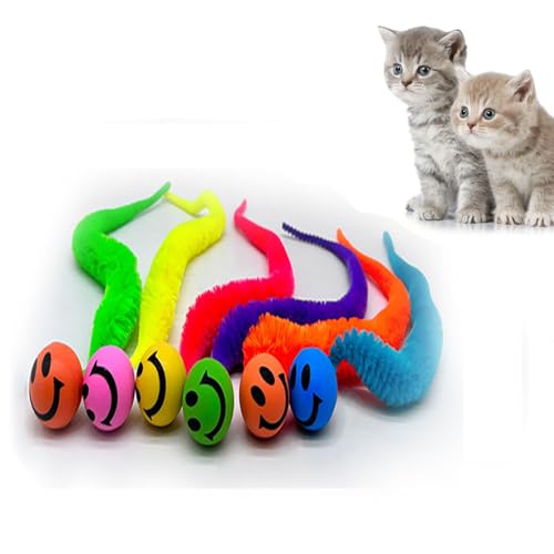 Herjiore 6 Stück Lustiges Katzenspielzeug, Hüpfball,Wurmkatzenspielzeug,Interactive Toy for Cats, Perfekt für Katzen Jeden Alters. (Smiley) von Herjiore