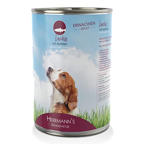 Herrmann´s Manufaktur Lachs für Erwachsene Hunde - Hundefutter nass mit Aprikose - Alleinfuttermittel für Hunde - Gute Verträglichkeit - getreidefrei, laktosefrei (12 x 400 g Dose) von Herrmann´s Manufaktur