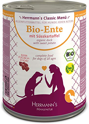 Herrmanns Bio Hundefutter Ente Menu 1 mit Süßkartoffel, Kürbis, Nachtkerzenoel 800 g, 6er Pack (6 x 800 g) von Herrmann's