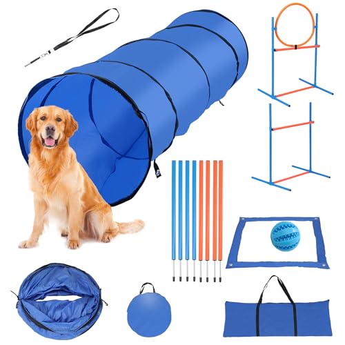 Herrselsam Agility Set Hunde groß, Agility-Ausrüstungs-Set für Hunde, Hundetraining zubehör Agility Hürde, Sprungring, Hundetunnel, 8 Slalomstangen, Ball, Pfeife, Tragetasche, Perfekt für den Park von Herrselsam