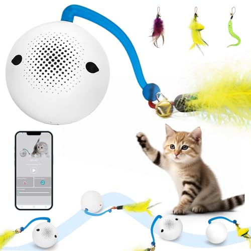 Hersance Interaktives Katzenspielzeug, Automatischer LED Drehender Katzenball mit Sprachaktivierung und 4 Ersatzfedern, Katzen Roller Ball Intelligenzspielzeug Für Kätzchen und Hund (Weiß) von Hersance